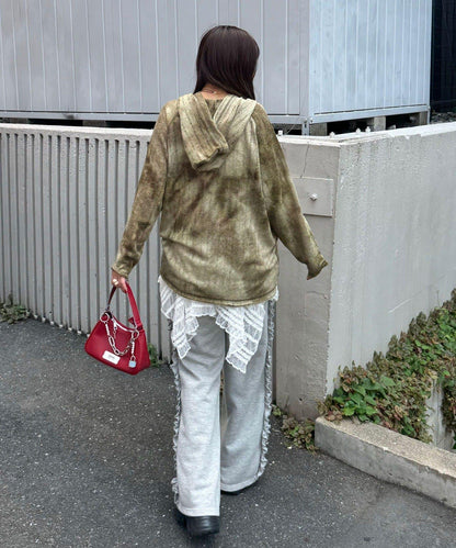 側邊荷葉邊破洞衛褲