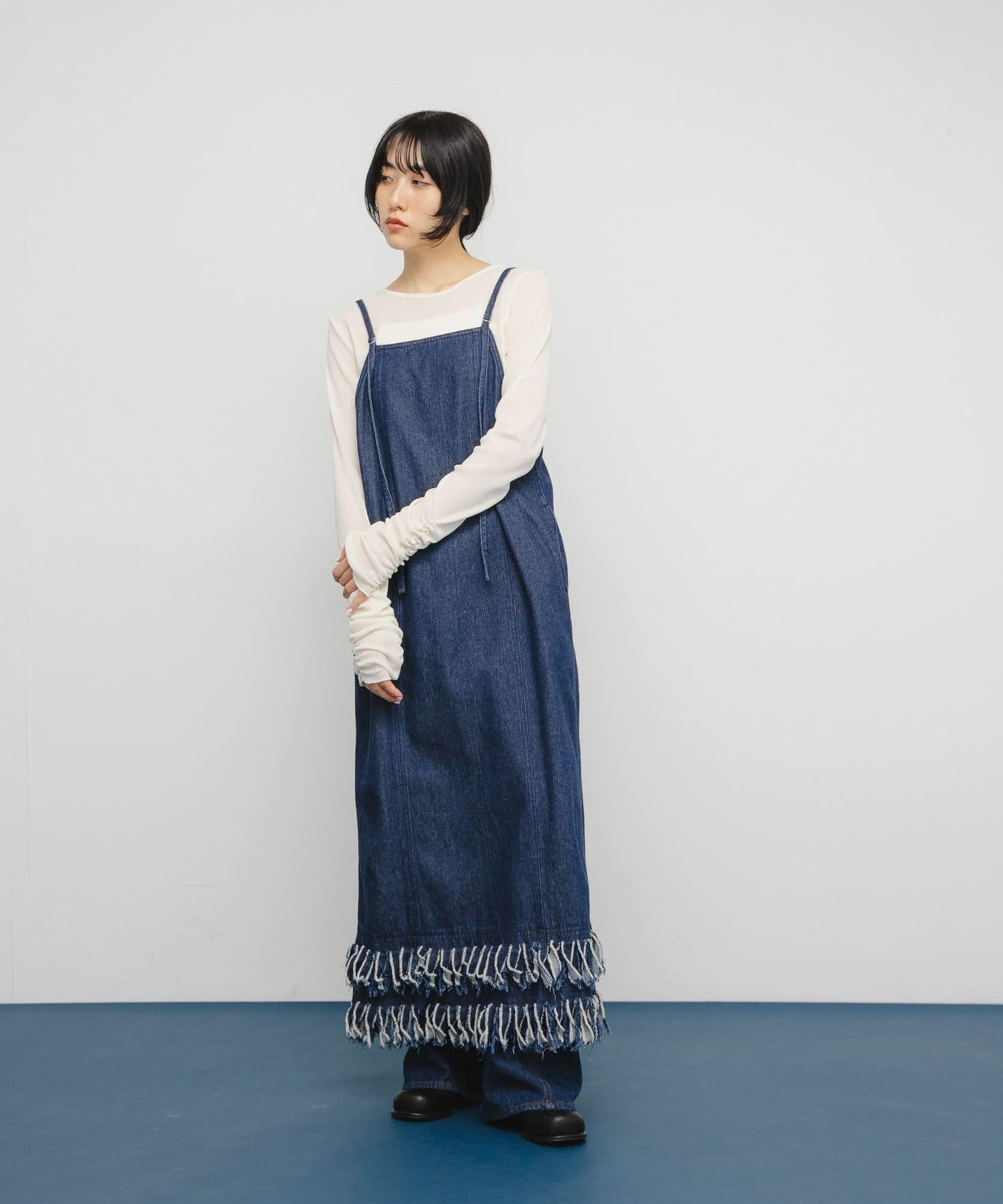 透視天鵝絨褶皺袖上衣