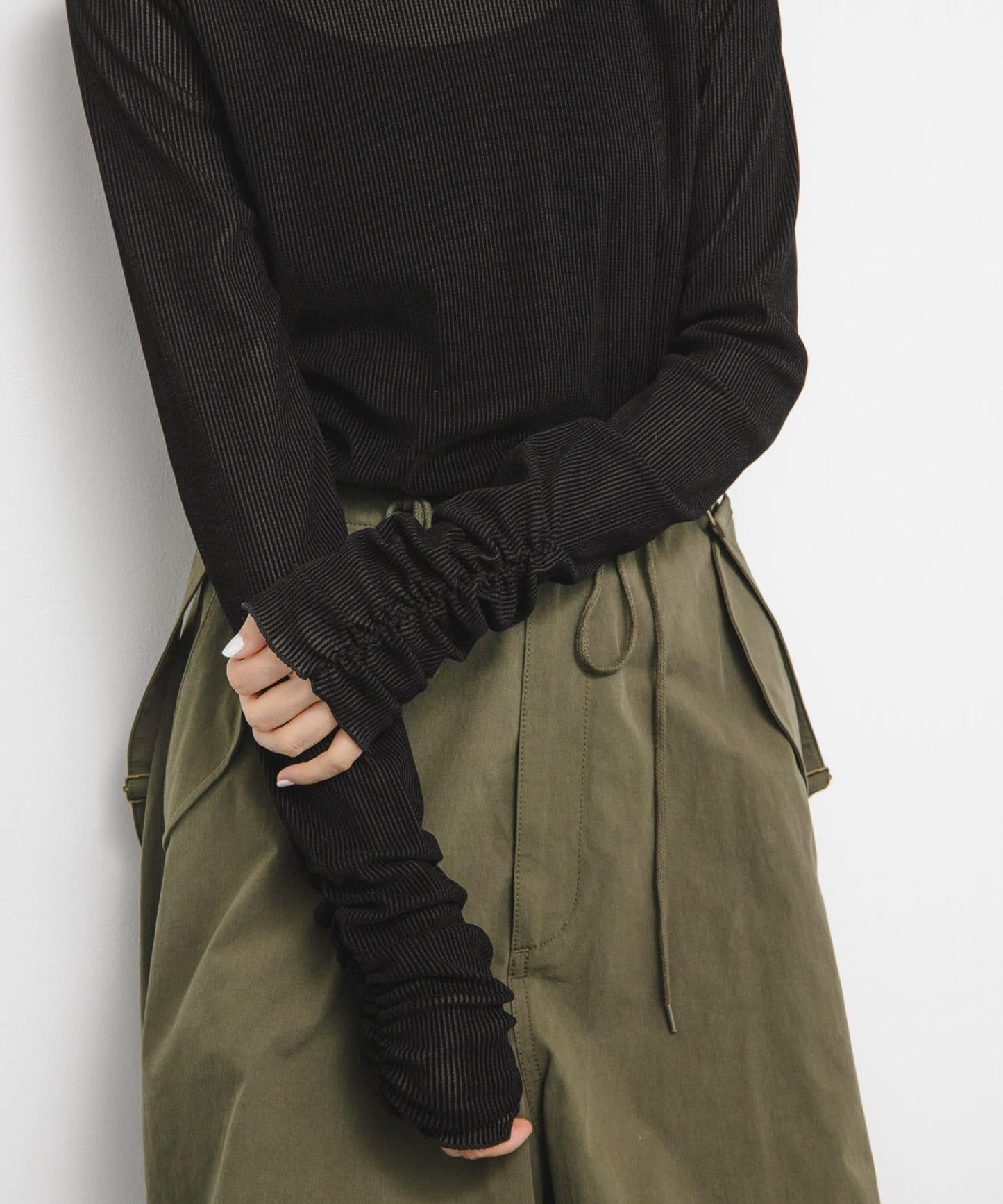 透視天鵝絨褶皺袖上衣