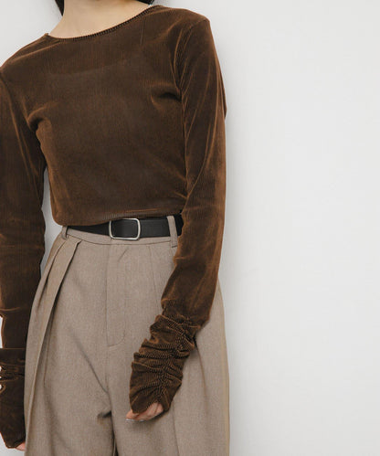 透視天鵝絨褶皺袖上衣