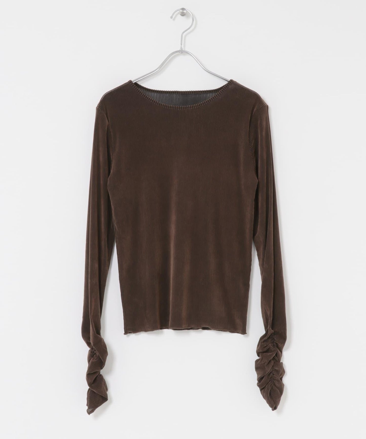 透視天鵝絨褶皺袖上衣