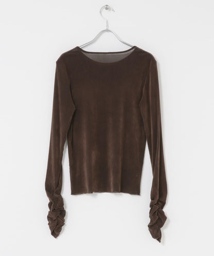 透視天鵝絨褶皺袖上衣