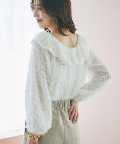 羽毛提花荷葉邊領襯衫