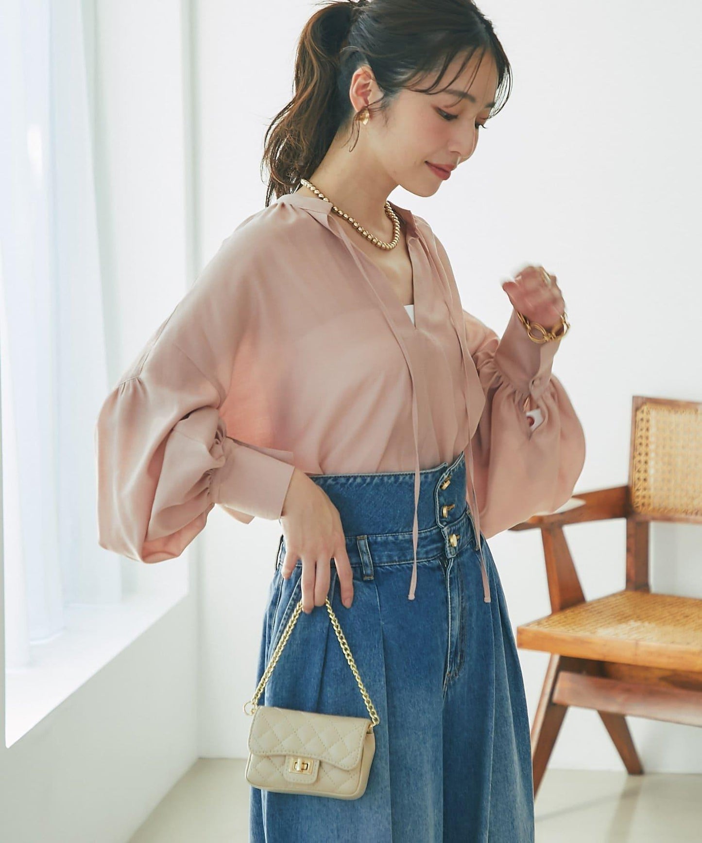 透視泡泡袖襯衫