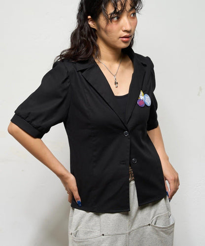 亞麻風泡泡袖襯衫夾克