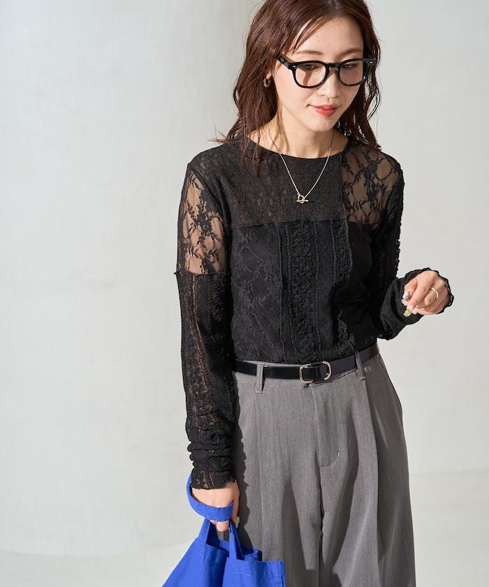 レースパッチワークロングスリーブトップス【限定展開】