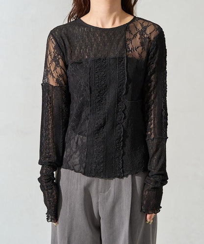 レースパッチワークロングスリーブトップス【限定展開】
