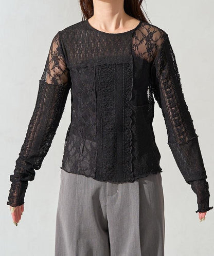 レースパッチワークロングスリーブトップス【限定展開】