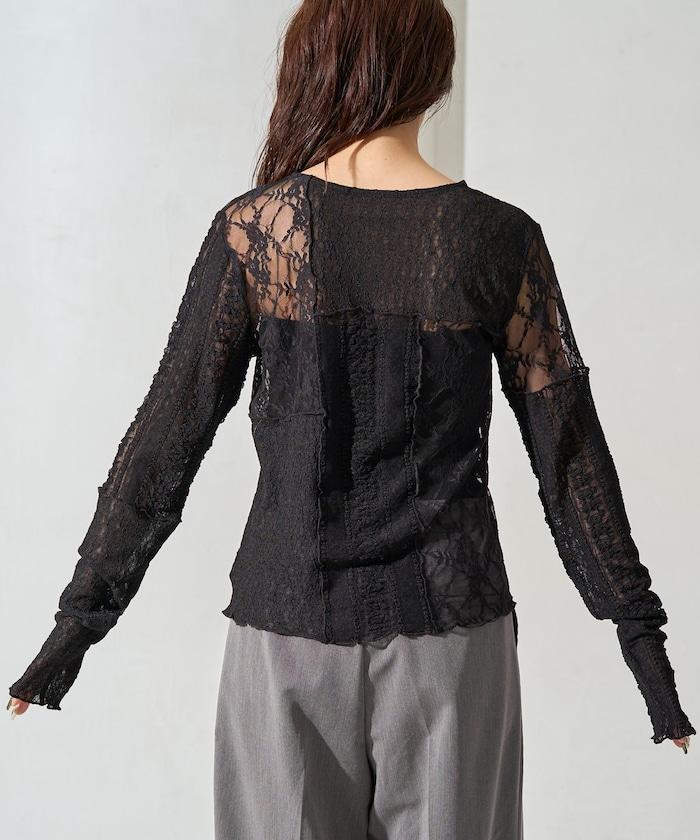 レースパッチワークロングスリーブトップス【限定展開】