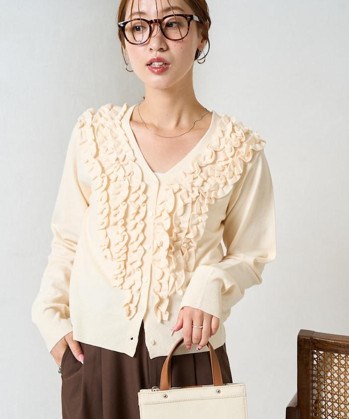 迷你荷葉邊V領針織開衫