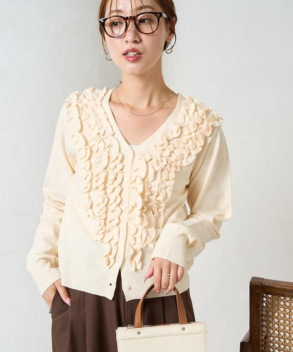 迷你荷葉邊V領針織開衫