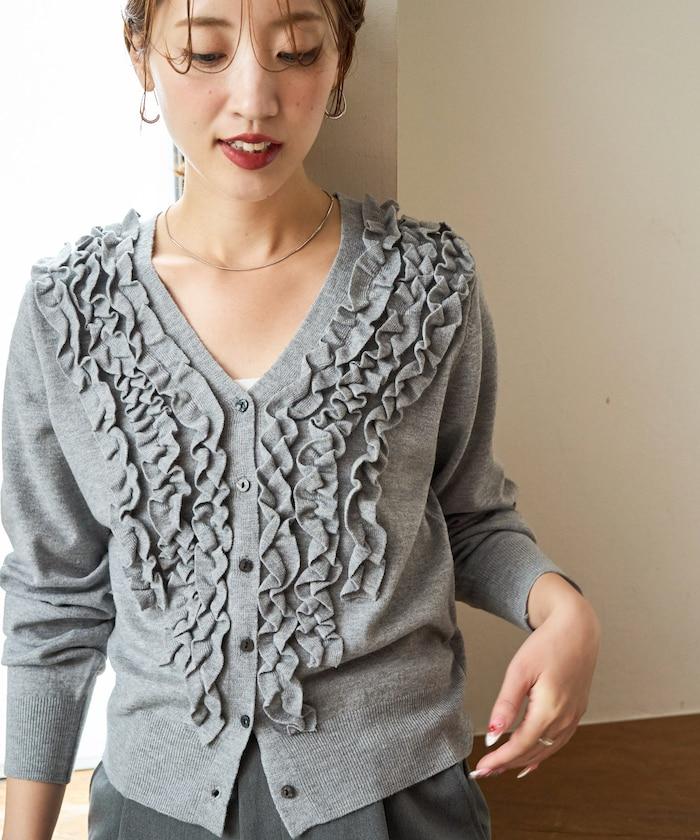 迷你荷葉邊V領針織開衫