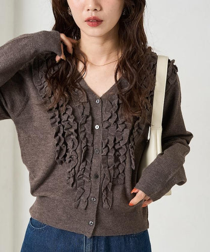 迷你荷葉邊V領針織開衫