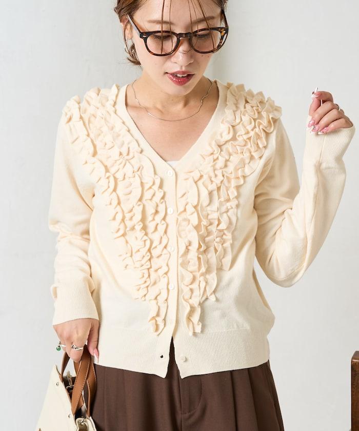 迷你荷葉邊V領針織開衫