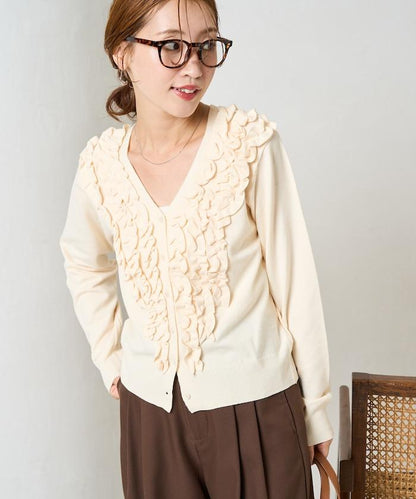 迷你荷葉邊V領針織開衫