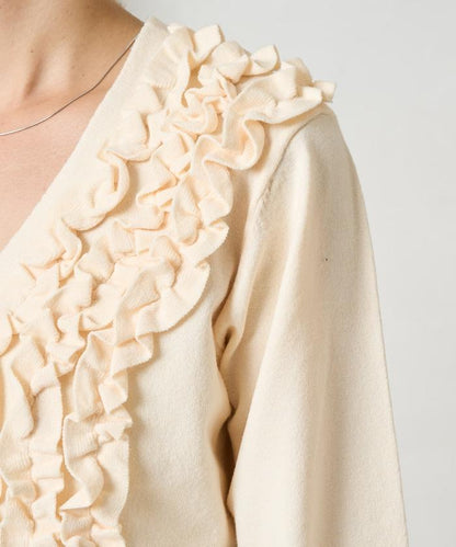 迷你荷葉邊V領針織開衫