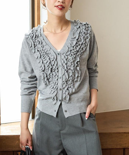 迷你荷葉邊V領針織開衫