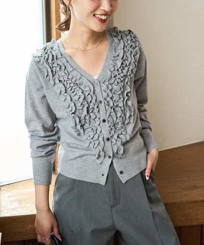 迷你荷葉邊V領針織開衫