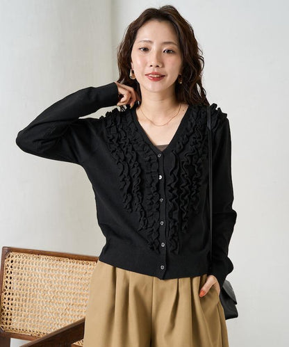 迷你荷葉邊V領針織開衫