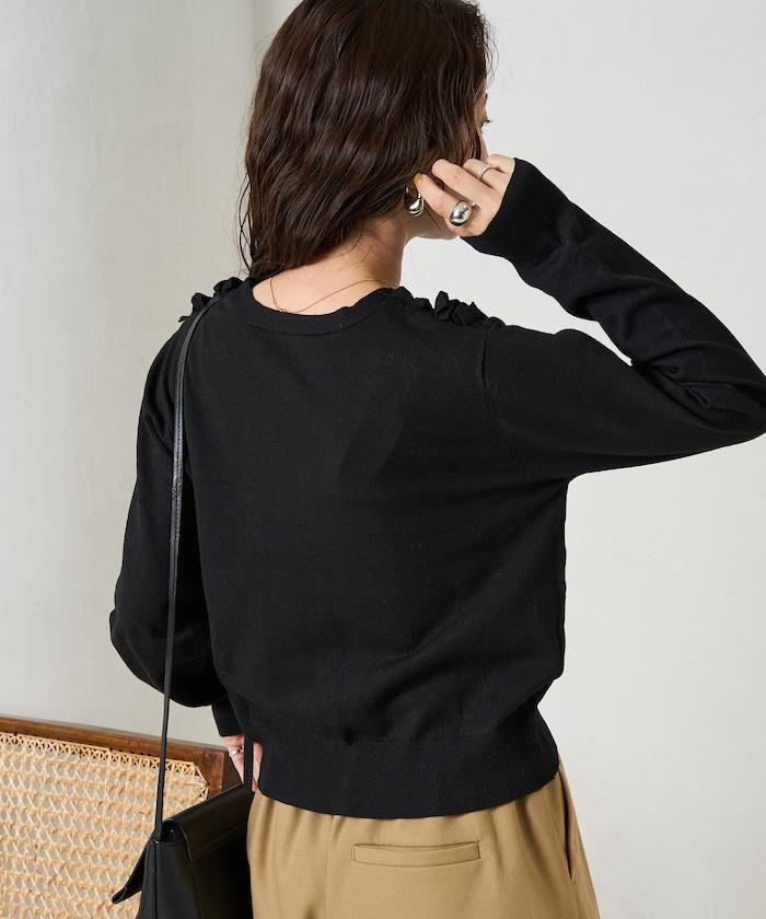 迷你荷葉邊V領針織開衫