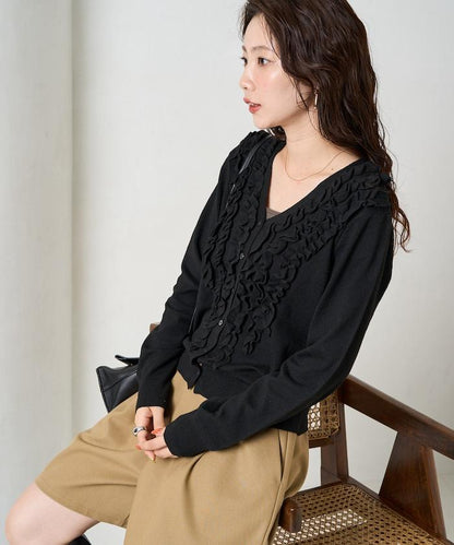迷你荷葉邊V領針織開衫