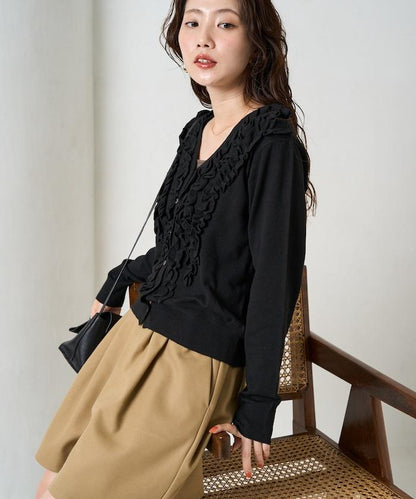 迷你荷葉邊V領針織開衫