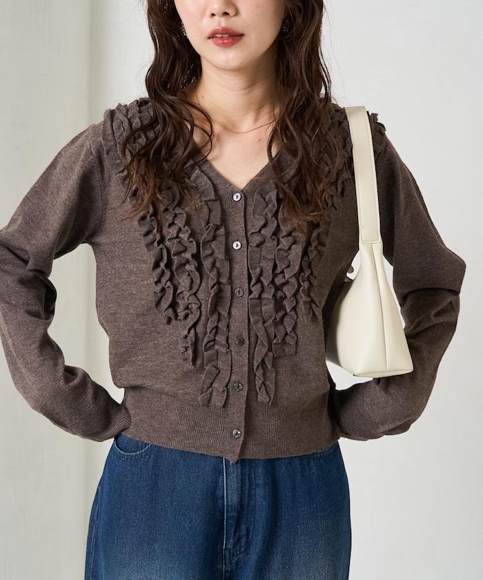 迷你荷葉邊V領針織開衫