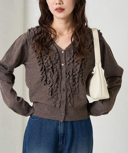 迷你荷葉邊V領針織開衫