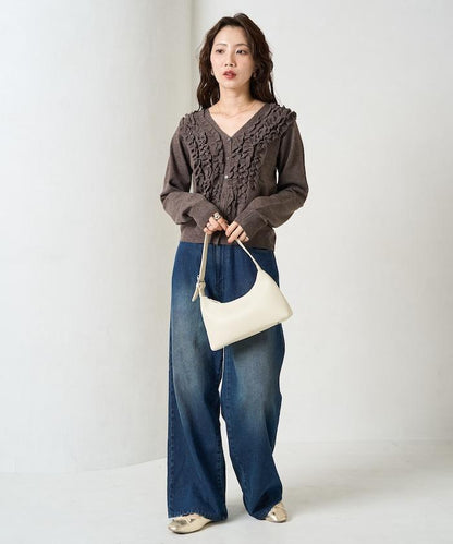 迷你荷葉邊V領針織開衫