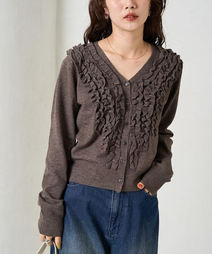 迷你荷葉邊V領針織開衫