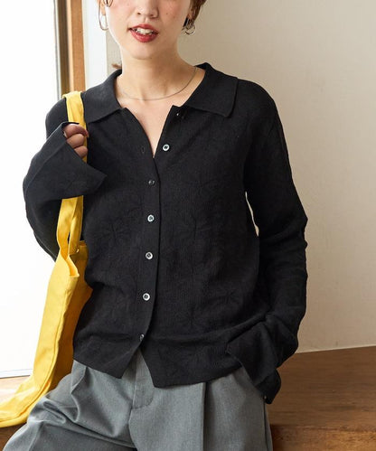 麻觸感 花朵提花開衫