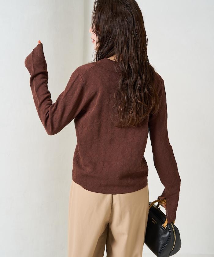 麻觸感 花朵提花開衫