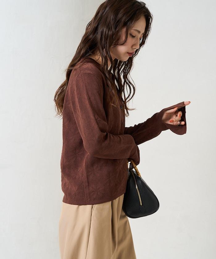 麻觸感 花朵提花開衫