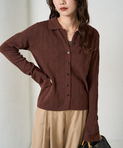 麻觸感 花朵提花開衫