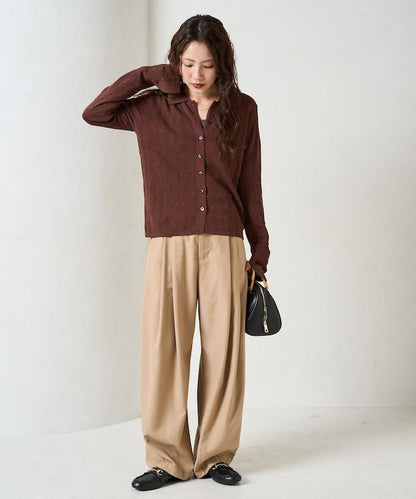 麻觸感 花朵提花開衫