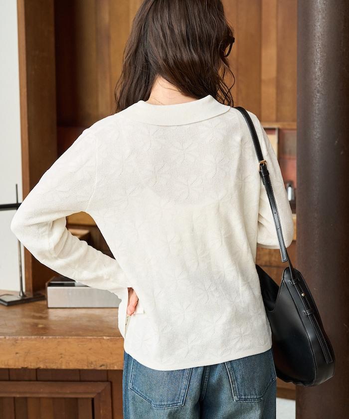 麻觸感 花朵提花開衫