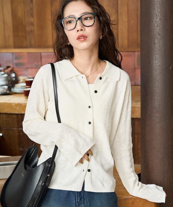 麻觸感 花朵提花開衫