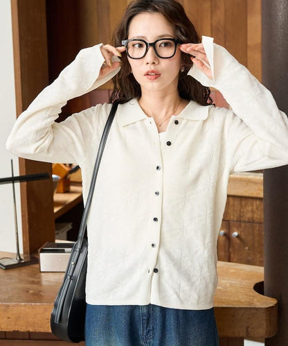 麻觸感 花朵提花開衫