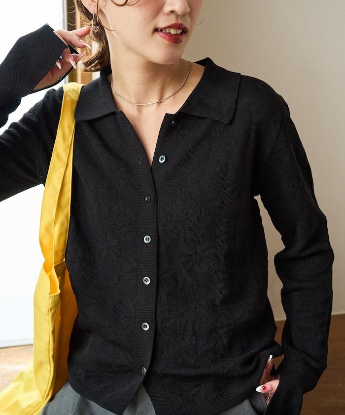 麻觸感 花朵提花開衫