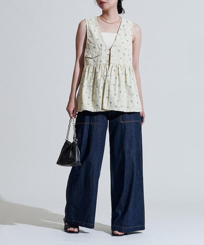 鄉村風格燈花圖案絨面馬甲＜可搭配套裝＞