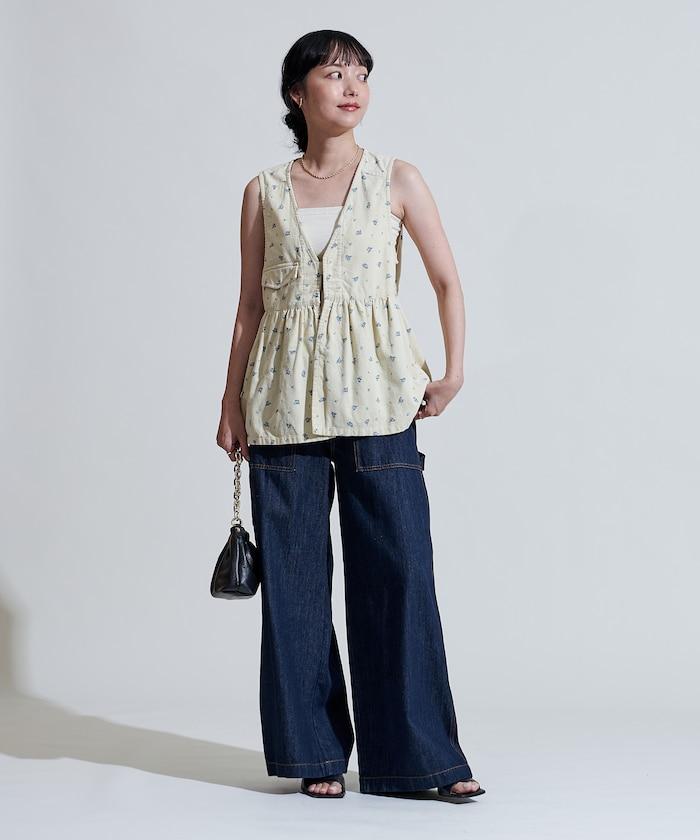 鄉村風格燈花圖案絨面馬甲＜可搭配套裝＞