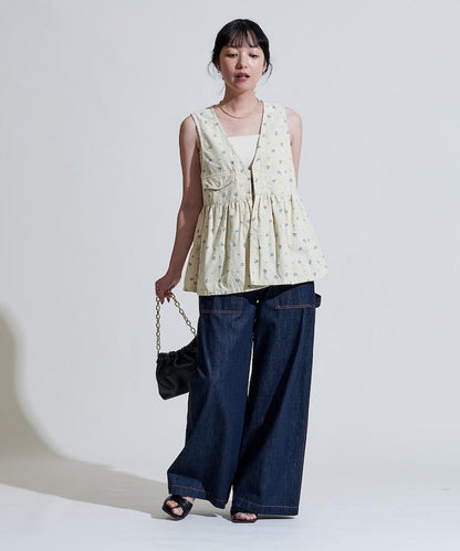 鄉村風格燈花圖案絨面馬甲＜可搭配套裝＞