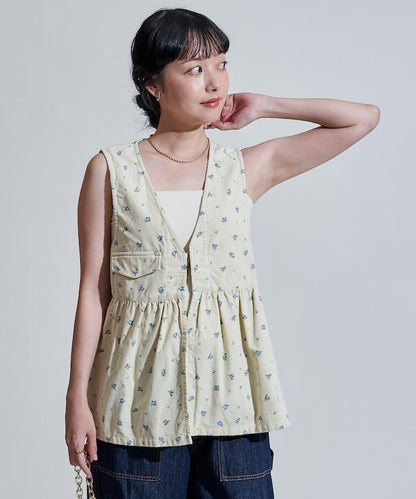 鄉村風格燈花圖案絨面馬甲＜可搭配套裝＞