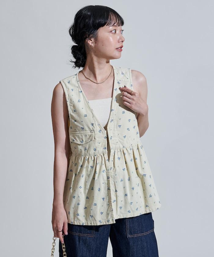 鄉村風格燈花圖案絨面馬甲＜可搭配套裝＞