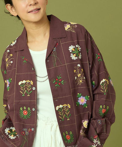 拼接花卉刺繡長袖襯衫