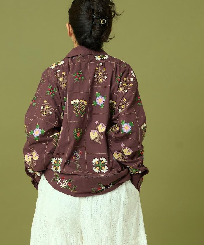 拼接花卉刺繡長袖襯衫