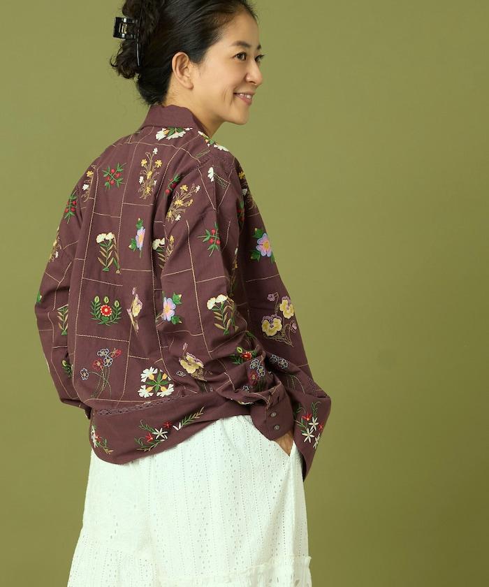 拼接花卉刺繡長袖襯衫