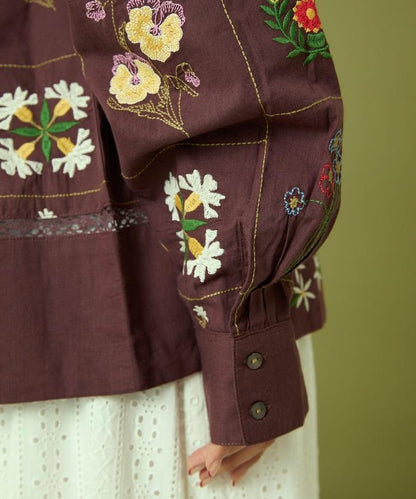 拼接花卉刺繡長袖襯衫