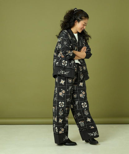 拼接花卉刺繡長袖襯衫