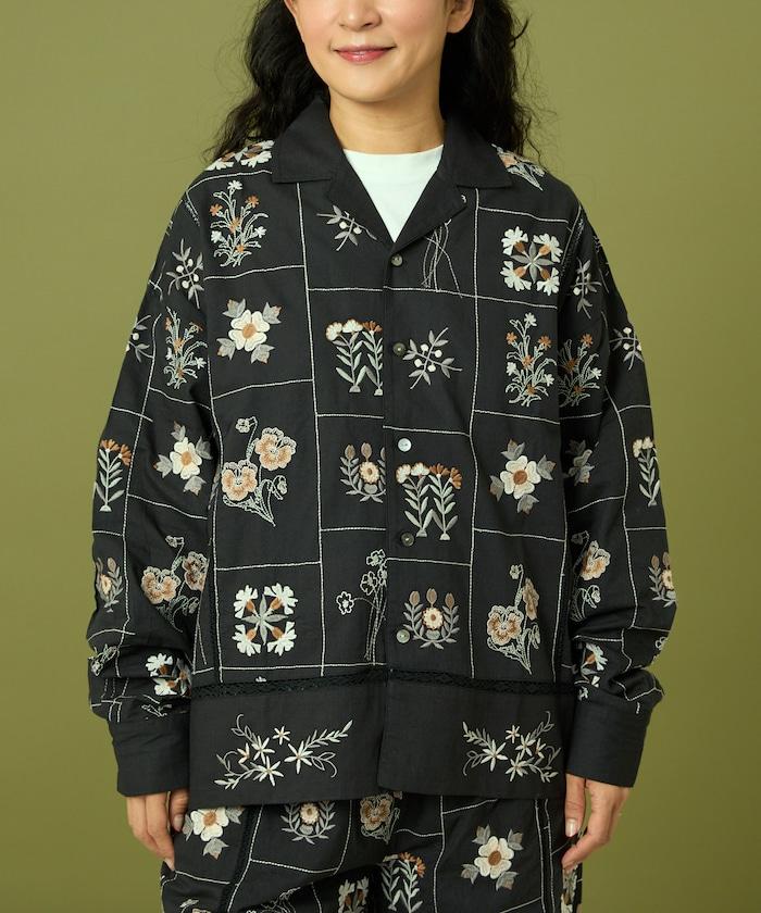 拼接花卉刺繡長袖襯衫